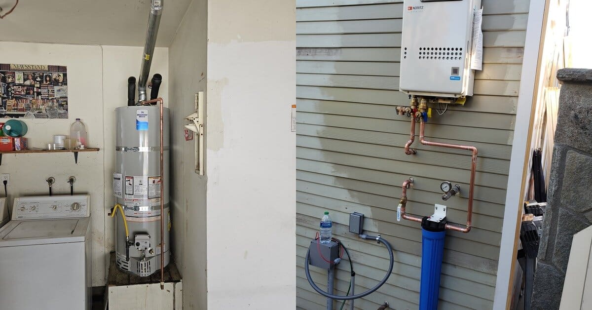 Tank-type water heater image inside a garage, next to a washing machine second image of a tankless water heater on the back of a home in Costa Mesa.