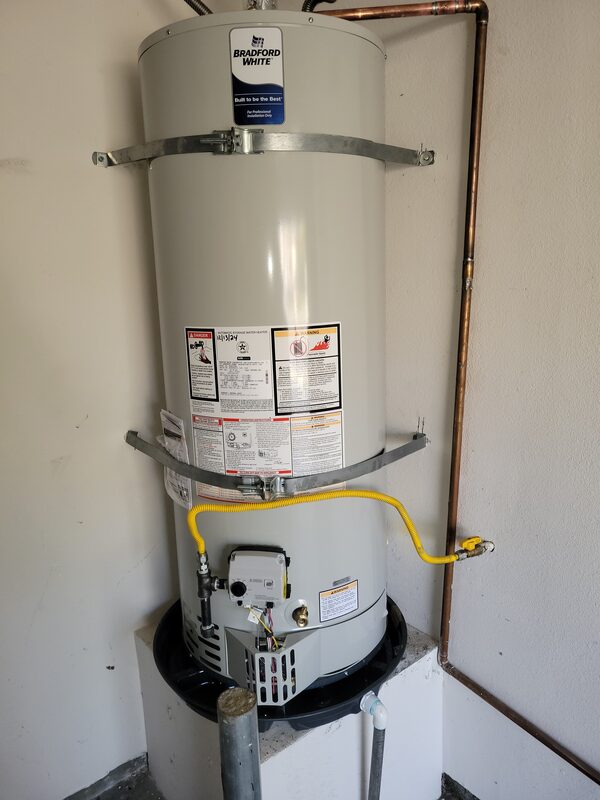 Water heater with earthquake straps and gas line brought to code in Irvine
