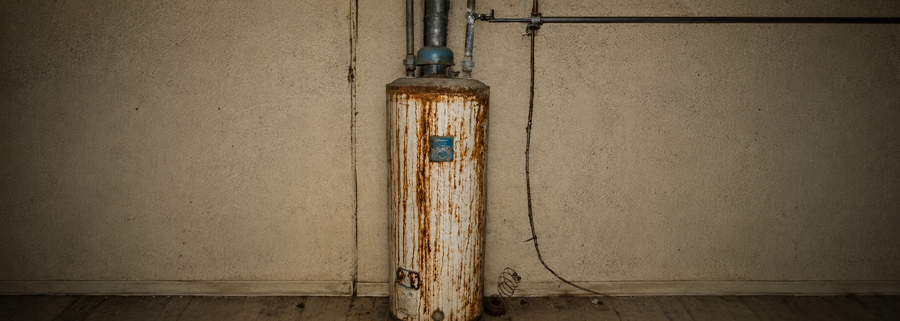 Corroded water heater tank with hard-water sediment in Garden Grove