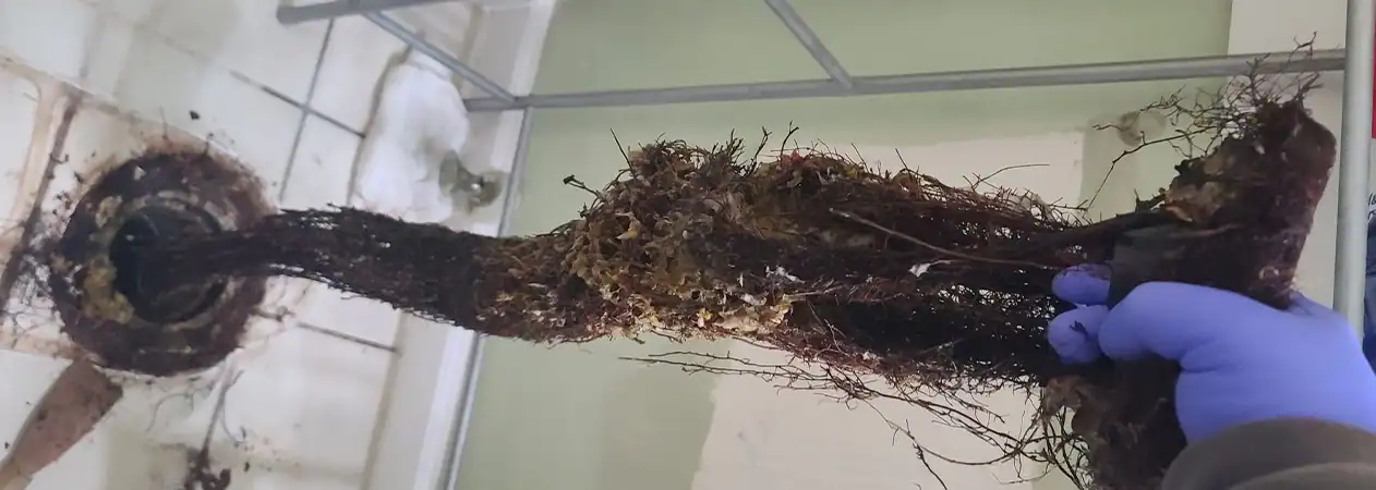 Tree roots in a cracked clay joint on a Fountain Valley sewer lateral