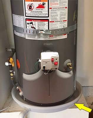 Water heater in drain pan for leak protection, Orange County installation